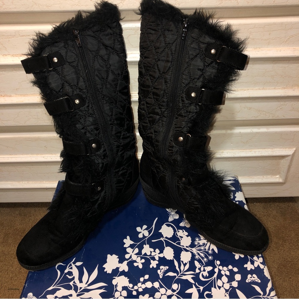 Black faux suede, fur lined, rubber wedge heel boots